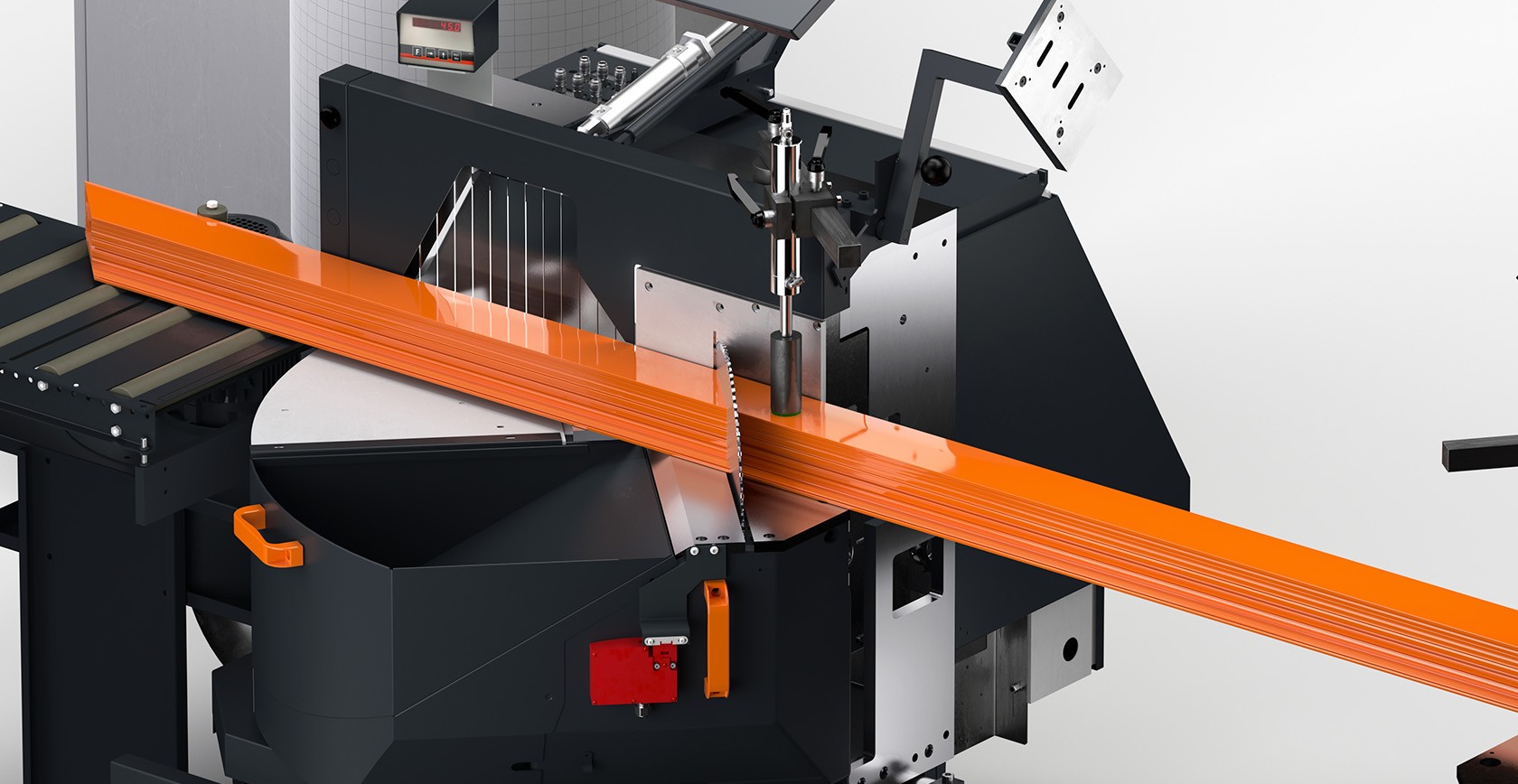 Elumatec DG104 double mitre saw cutting aluminium profile